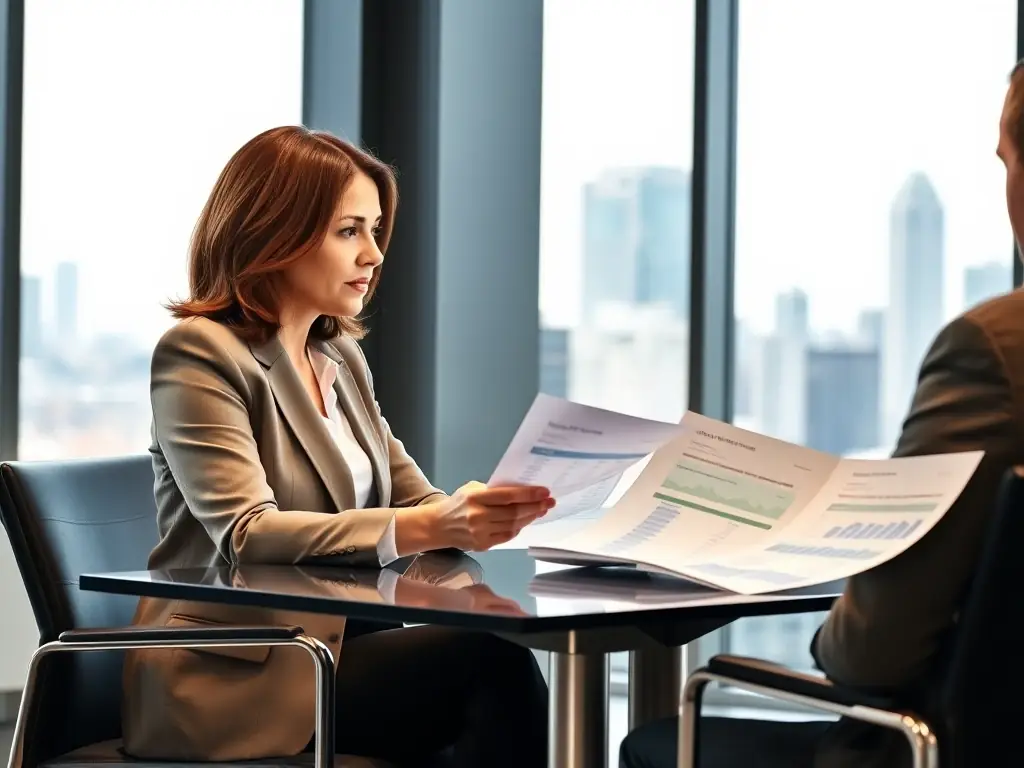 A business owner reviewing financial statements with Gianni Possenti, CPA, in a well-lit office, representing bookkeeping services.