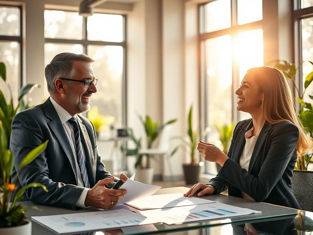 A financial consultant discussing investment strategies with a client in a modern office, illustrating financial consulting services.