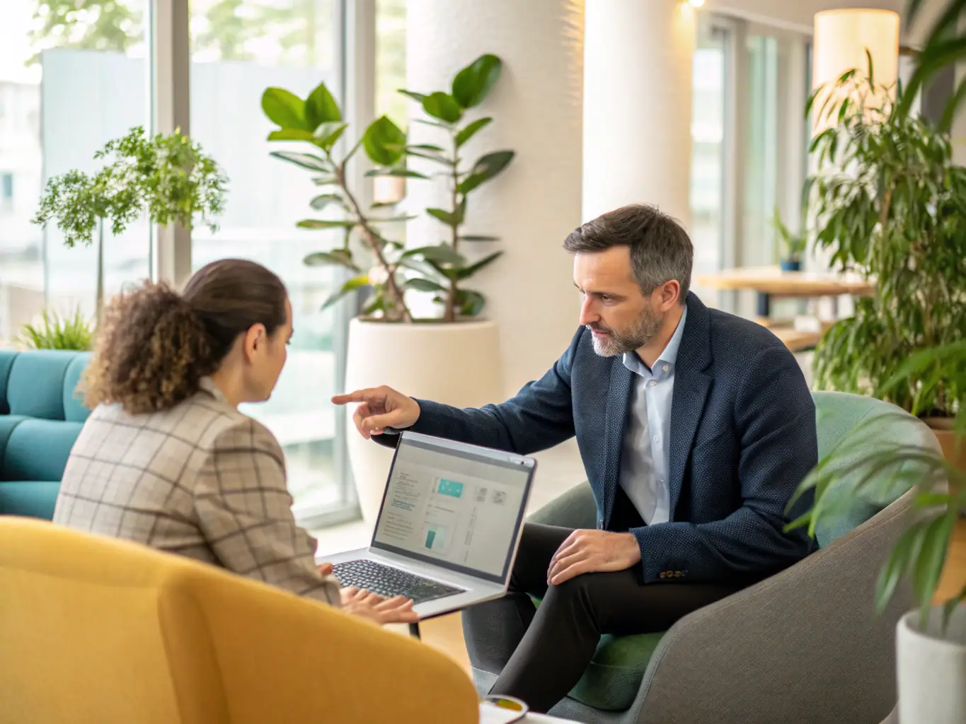 A consultant advising a client in a modern office setting, discussing financial strategies and planning.