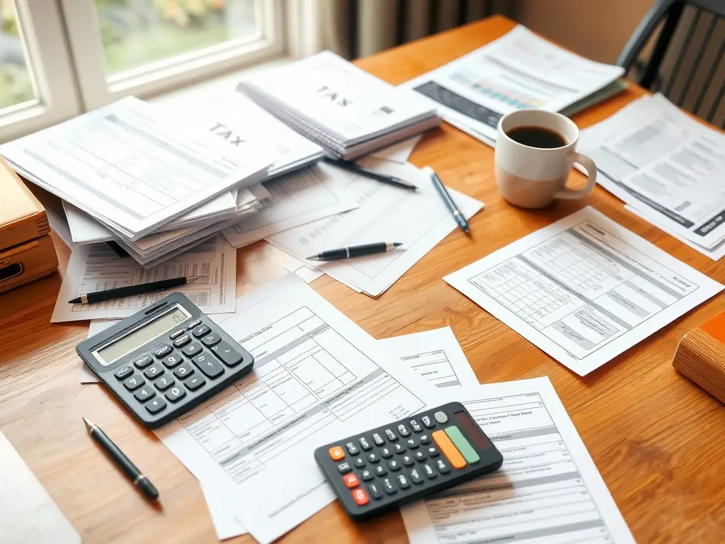 A person working diligently at their desk, reviewing financial documents with a calculator and a cup of coffee nearby, symbolizing individual tax preparation services.